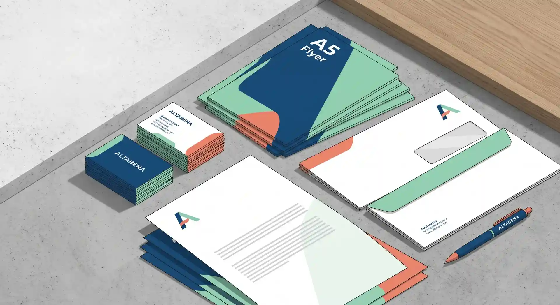 Petits supports imprimés ALTABENA — cartes de visite, flyers A5 et papeterie d'entreprise