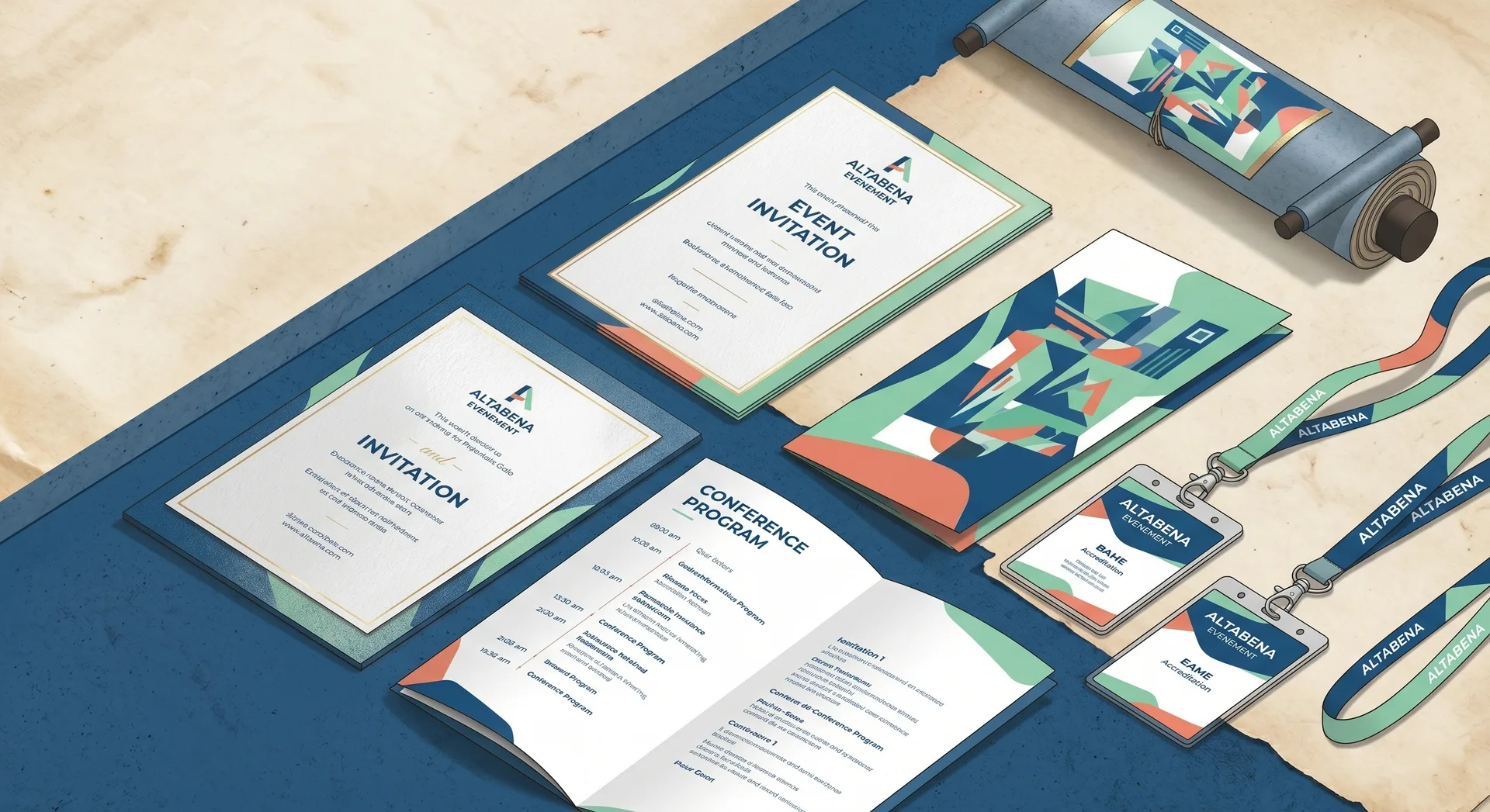 Supports événementiels imprimés ALTABENA — invitations, programmes de conférence et badges tour de cou