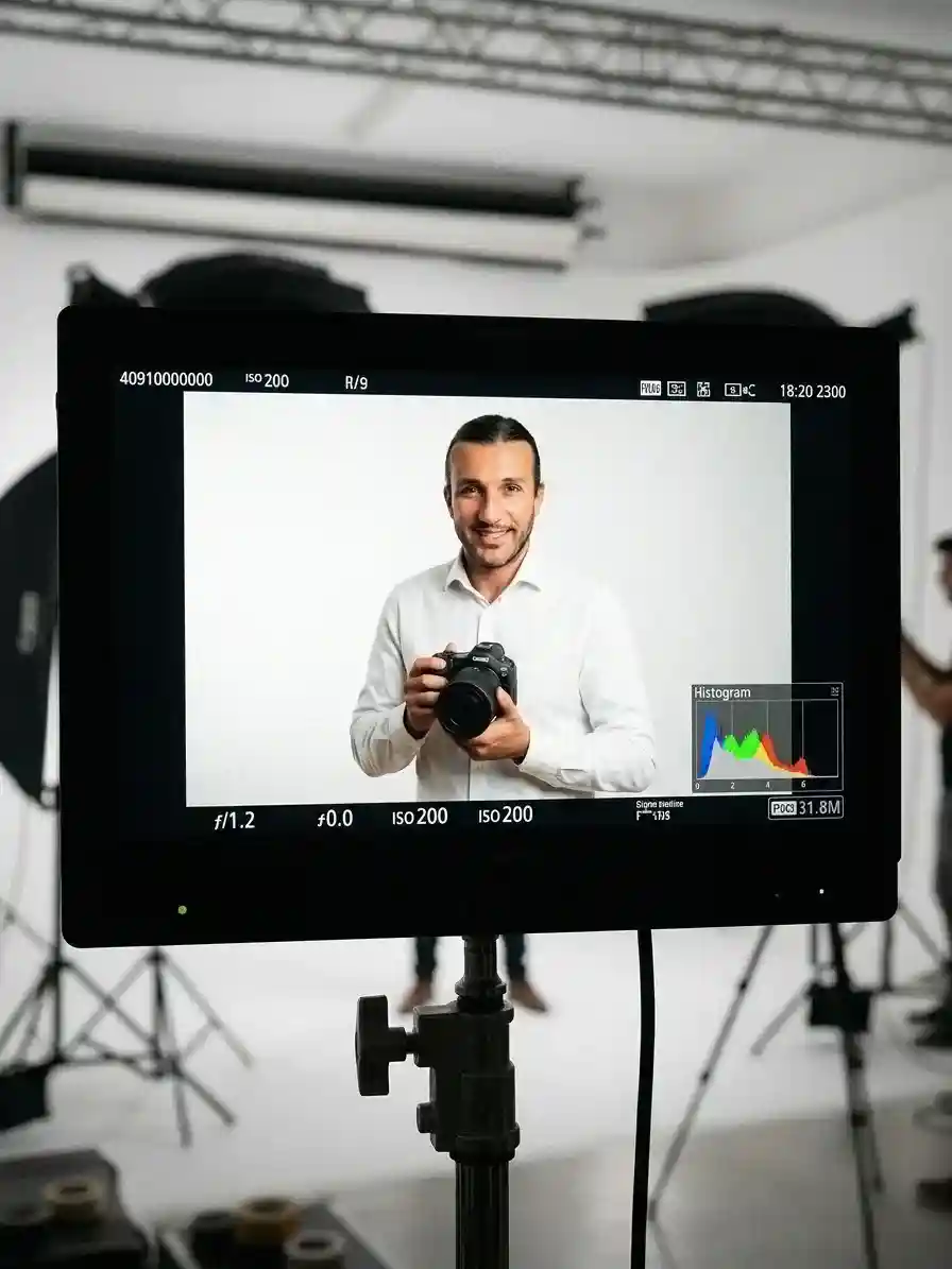 Angel Bena vu à travers l'écran de contrôle de son appareil, en plein shooting au studio ALTABENA