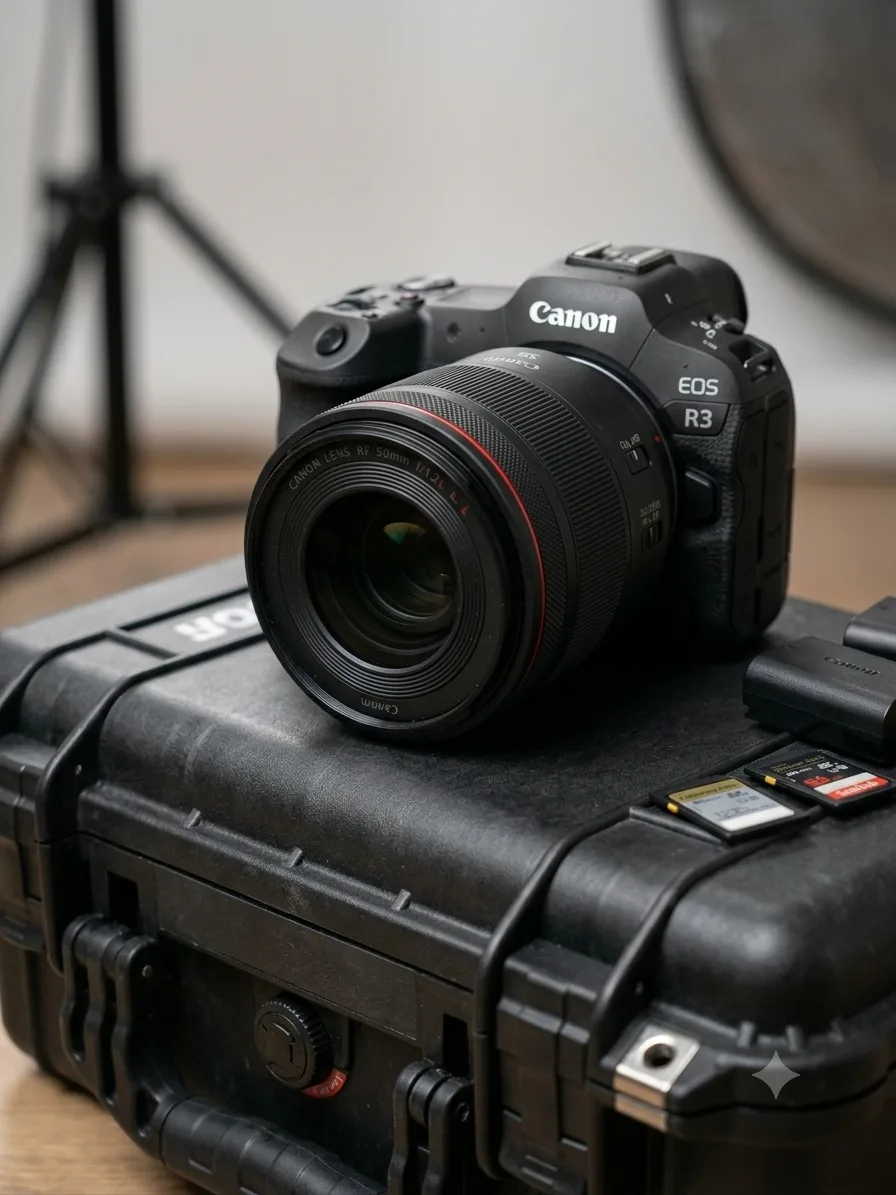 Le matériel d'Angel Bena — Canon EOS R3 et objectif RF 50mm posés sur la valise de transport