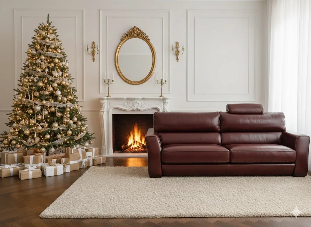 Canapé en cuir bordeaux en ambiance salon — visuel remasterisé pour la boutique en ligne Shopify de Rivet-Lozano